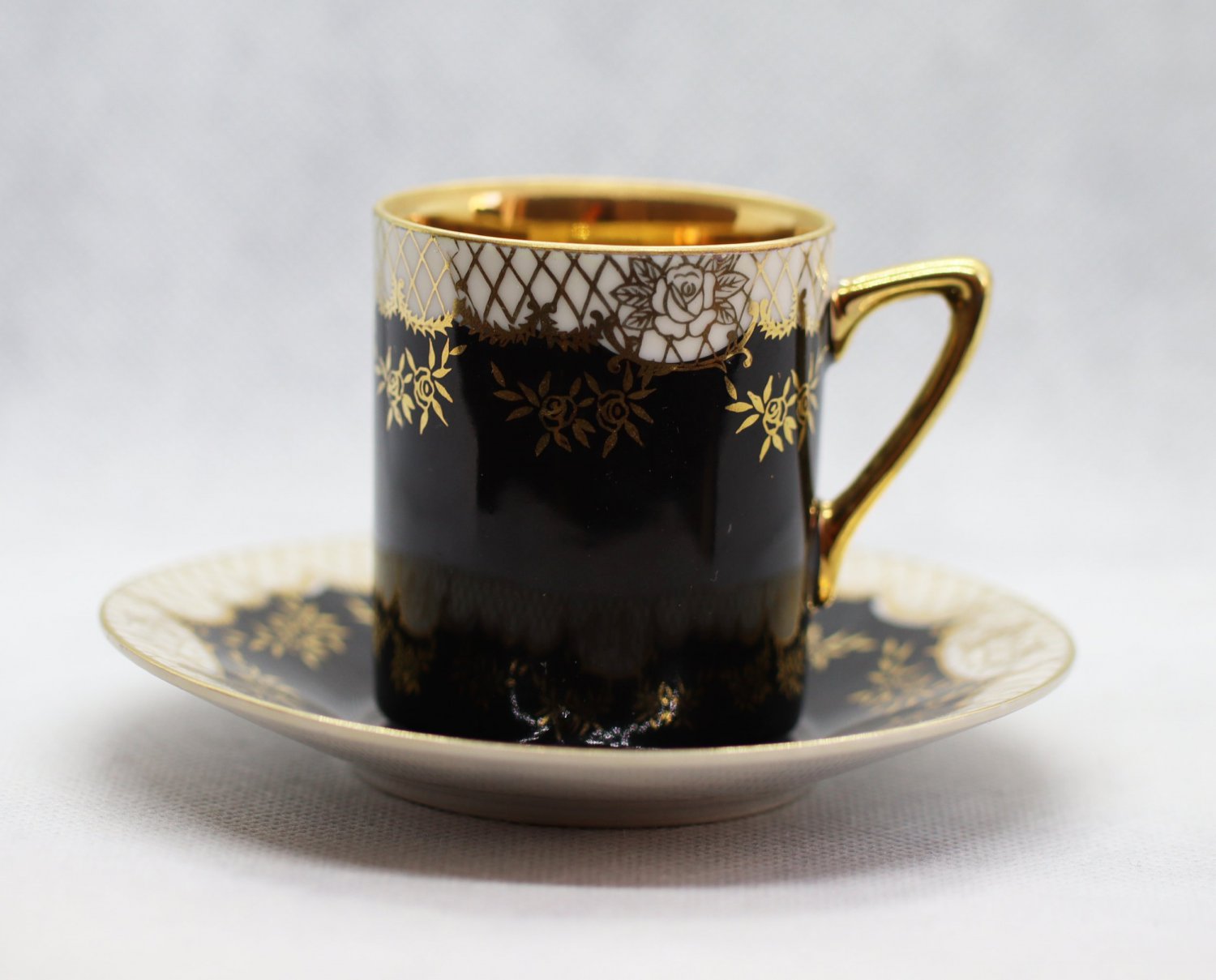 Vintage Japanese SAJI Bone China Black, Gold flower decoration Cup and Saucer