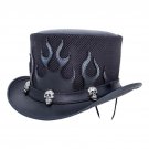 Top Hat Skulls Mens black leather hat with Flames Mesh Design New with Tags