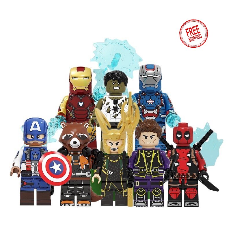 8 PCS SET Captain America Hulk Rocket Iron Man War Machine Deadpool Marvel Minifigure Custom Figure