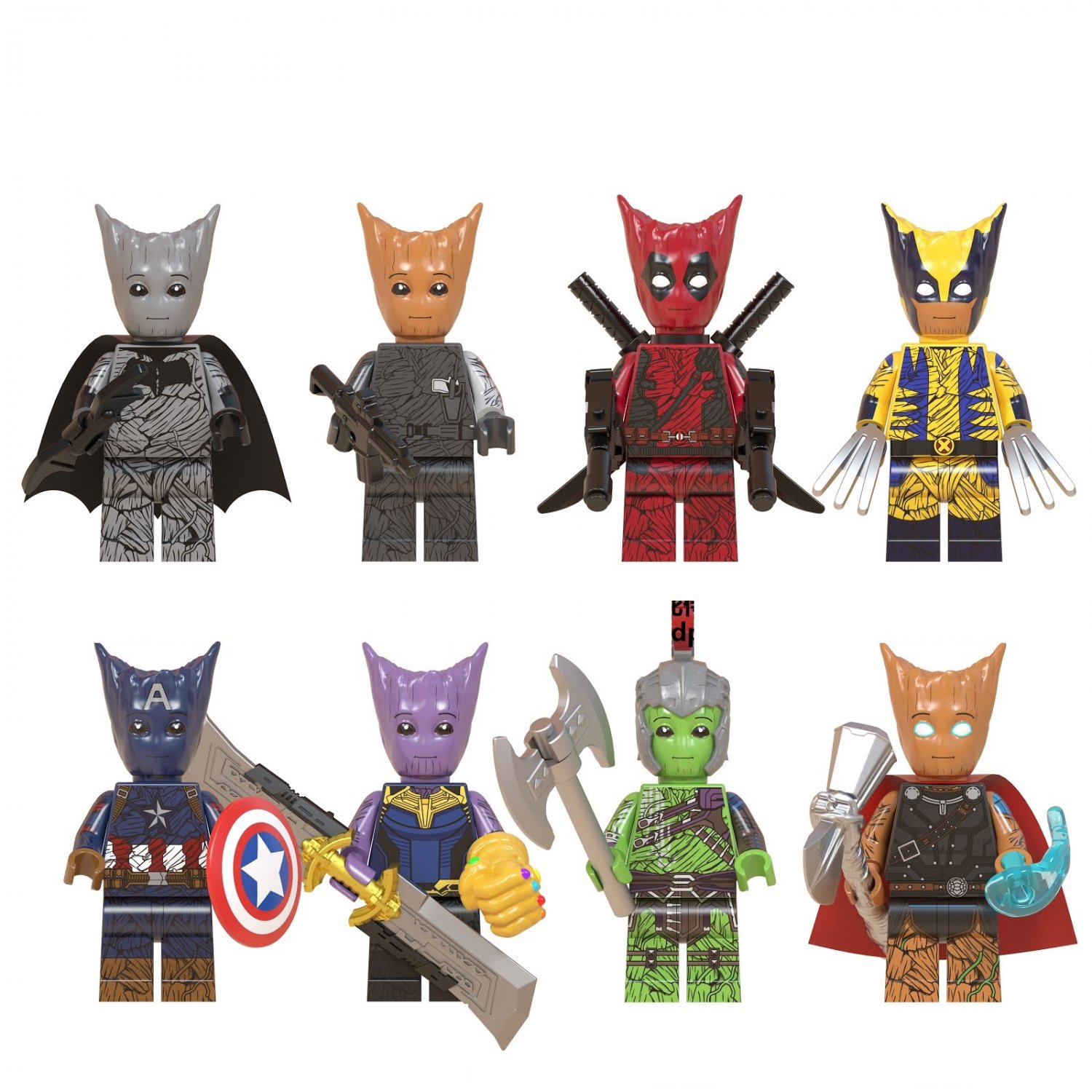 8 PCS SET Batman Groot Winter Soldier Bucky Deadpool Wolverine Captain Thanos Hulk Thor Minifigure