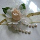 Champagne Satin, Peach Rose, Pearl Lace Wrist Corsages (LMC001)