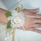 Champagne Satin, Cream Rose & Pearl Lace Wrist Corsages (LMC005)