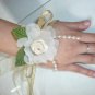 Champagne Satin, Cream Rose & Pearl Lace Wrist Corsages (LMC005)