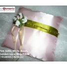 Pink Satin, White Roses, Golden Lace Ring Pillow (LM035)