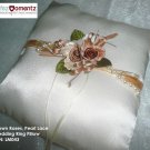 Ivory Satin, Brown Roses, Pearl Lace Ring Pillow