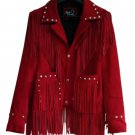 Women Red Suede Leather American Native Western Style Jacket With Fringes