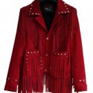 Ladies Western Fringed Suede Red Leather Jacket Coat