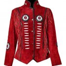 Women Red Suede Leather American Native Western Style Jacket Fringed & Beaded