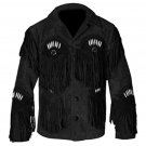 Men Black Suede Leather Jacket Fringed & Beaded - American Native