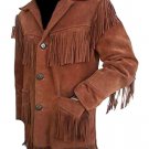 Men Tan Brown Suede Leather Jacket Fringed & Buttons - Western Cowboy Style