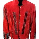 Women Red Suede Leather Jacket Fringed & Beaded - American Native