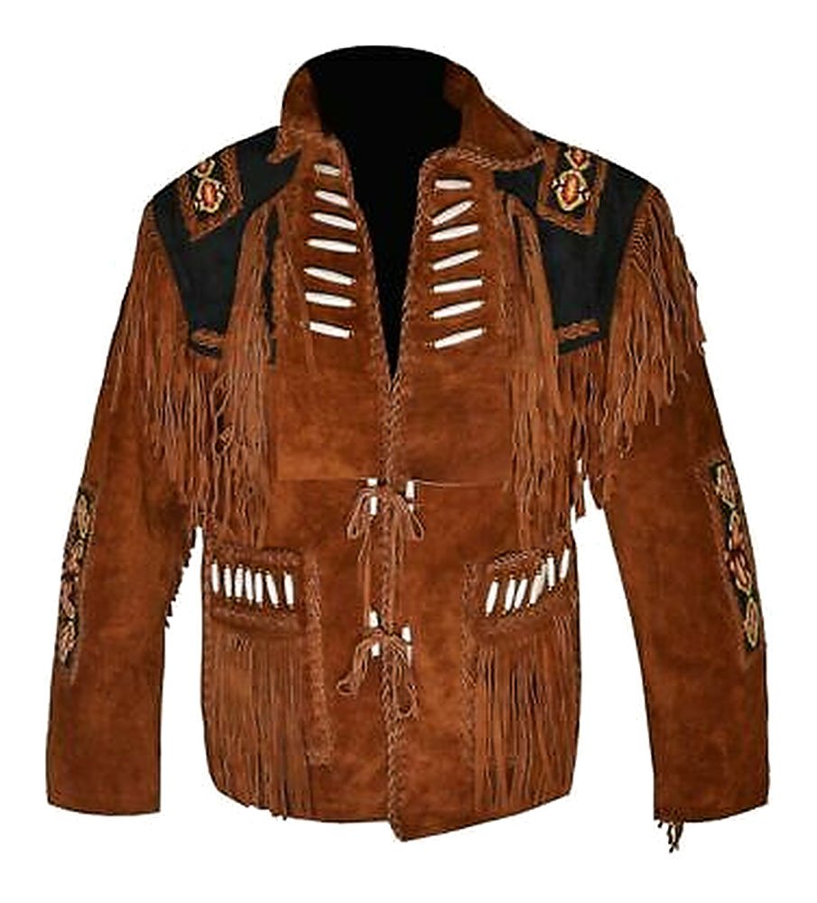 Men Suede Western Style Cowboy Leather Jacket With Fringe & Bead Work