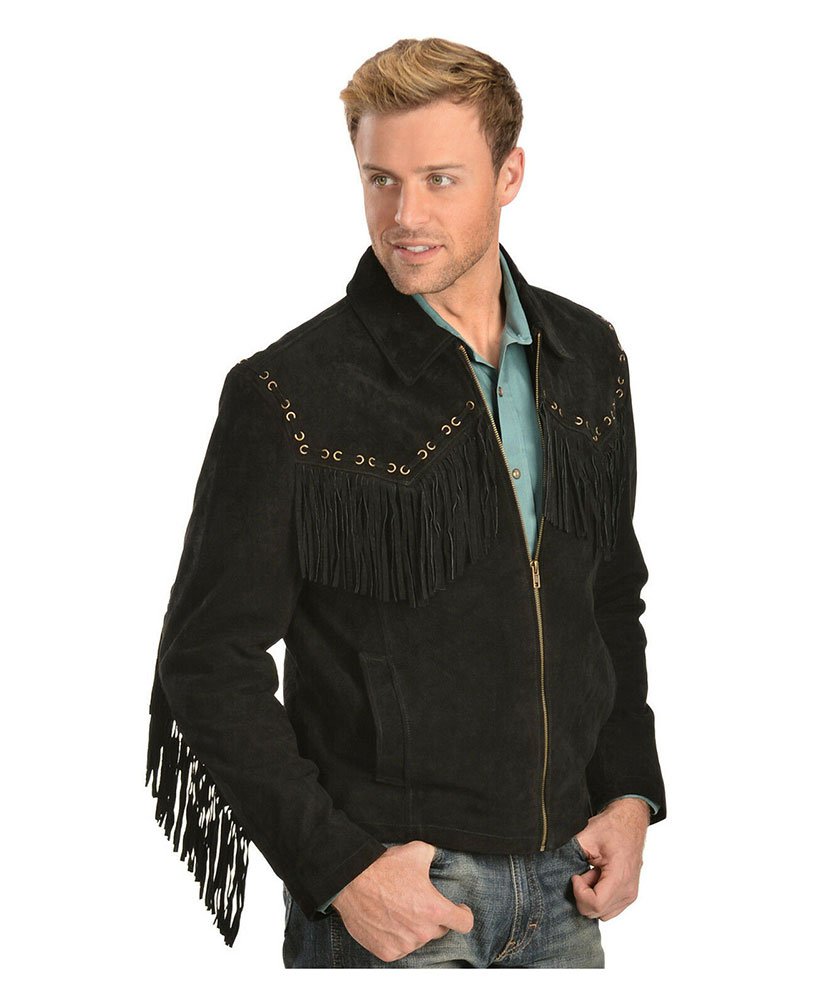 Men Black Suede Leather Jacket Fringed - Western Cowboy Style