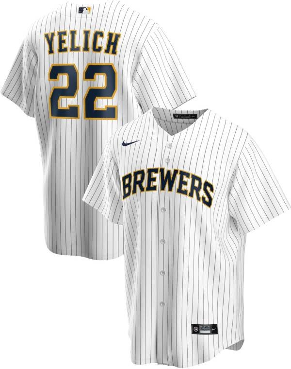 Men & Youth #22 Christian Yelich Milwaukee Brewers Cool Base White Pinstripe Home Jersey