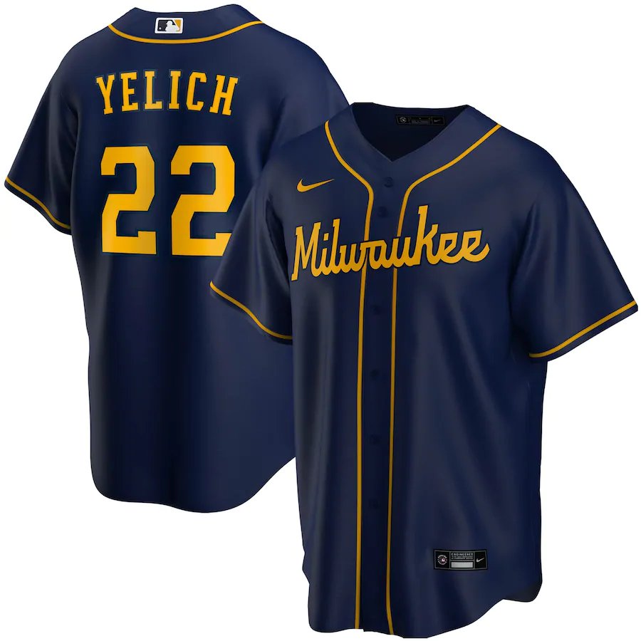 Men & Youth #22 Christian Yelich Milwaukee Brewers Cool Base Navy Blue Jersey
