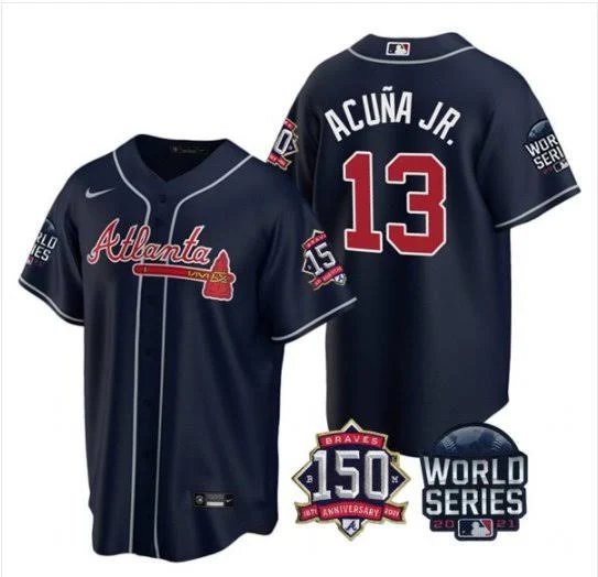 Men & Youth #13 Ronald Acuna Jr. Atlanta Braves 150th Anniversary World Series Navy Blue Jersey