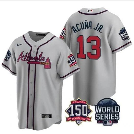Men & Youth #13 Ronald Acuna Jr. Atlanta Braves 150th Anniversary World Series Gray Road Jersey