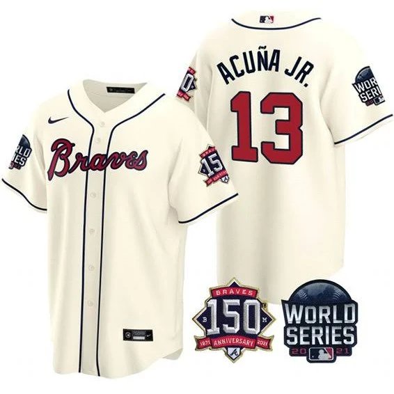 Men & Youth #13 Ronald Acuna Jr. Atlanta Braves 150th Anniversary World Series Cream Jersey