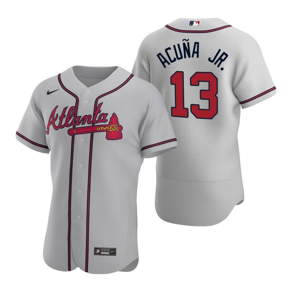 Men & Youth Kids #13 Ronald Acuna Jr. Atlanta Braves Flex Base Gray Road Jersey