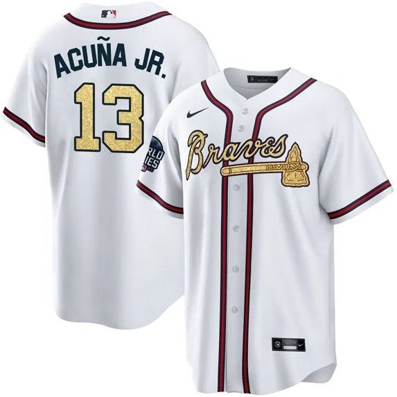 Men & Youth #13 Ronald Acuna Jr. Atlanta Braves World Series Patch Golden White Program Jersey