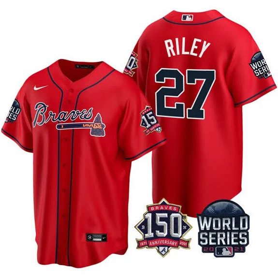Men & Youth #27 Austin Riley Atlanta Braves 150th Anniversary 2021 World Series Red Jersey