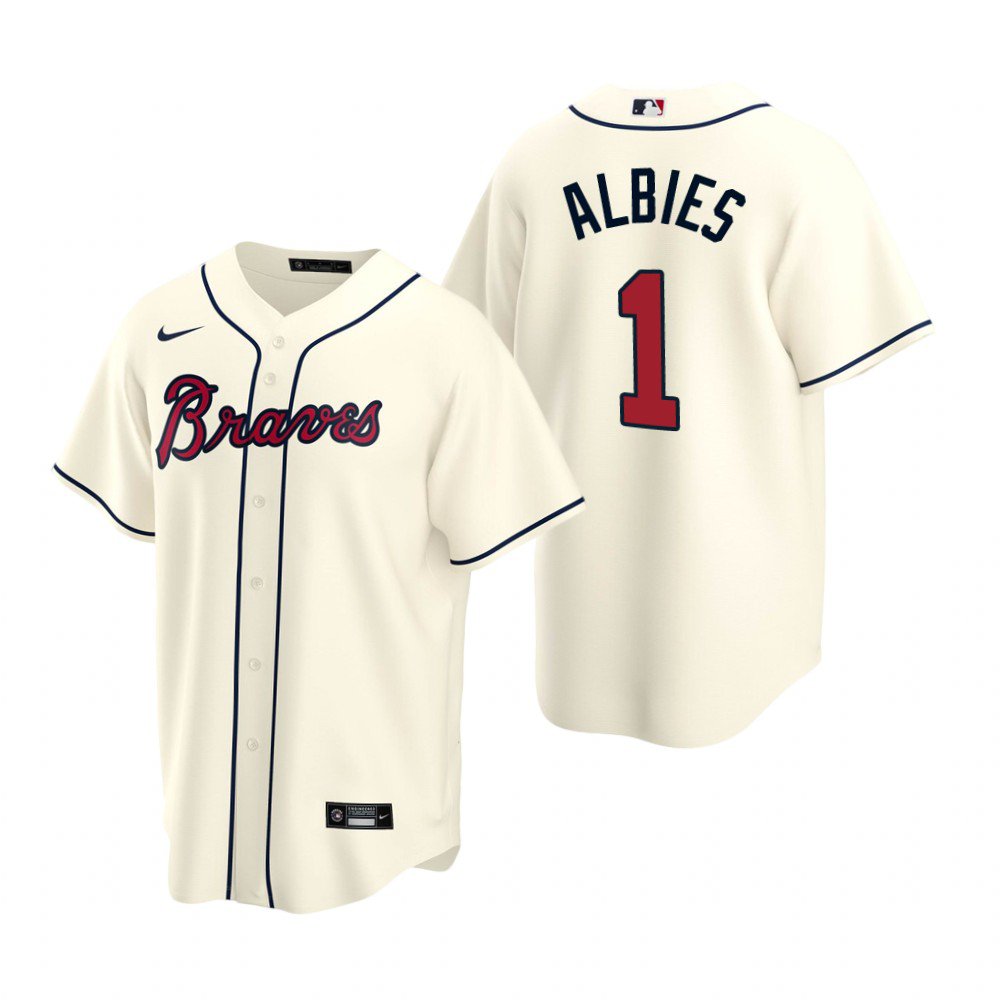 Men & Youth Kids #1 Ozzie Albies Atlanta Braves Cool Base Cream Alternate Jersey