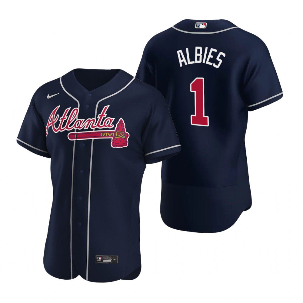 Men & Youth Kids #1 Ozzie Albies Atlanta Braves Flex Base Navy Blue Alternate Jersey