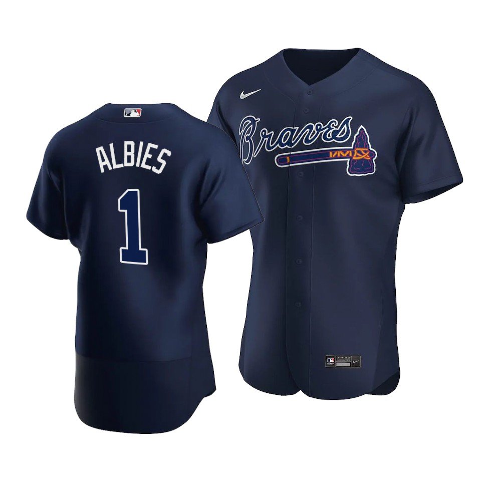 Men & Youth Kids #1 Ozzie Albies Atlanta Braves Flex Base Navy Blue Jersey