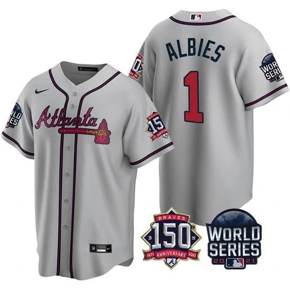 Men & Youth Kids #1 Ozzie Albies Atlanta Braves 150th Anniversary 2021 World Series Gray Road Jersey
