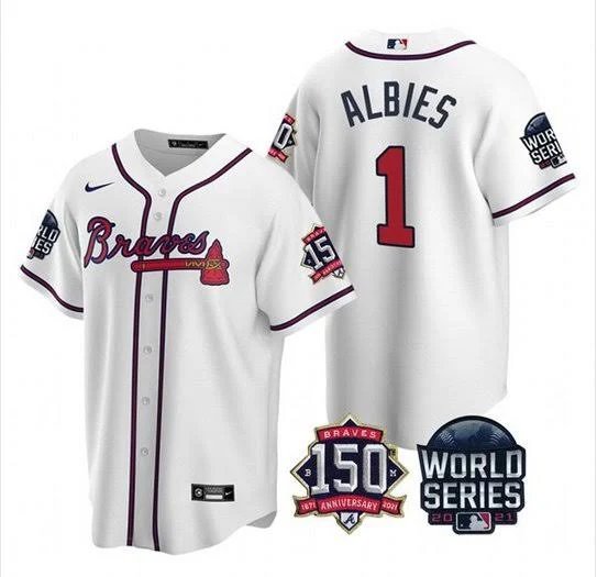 Men & Youth #1 Ozzie Albies Atlanta Braves 150th Anniversary 2021 World Series White Home Jersey