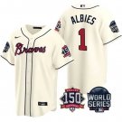 Men & Youth Kids #1 Ozzie Albies Atlanta Braves 150th Anniversary 2021 World Series Cream Jersey