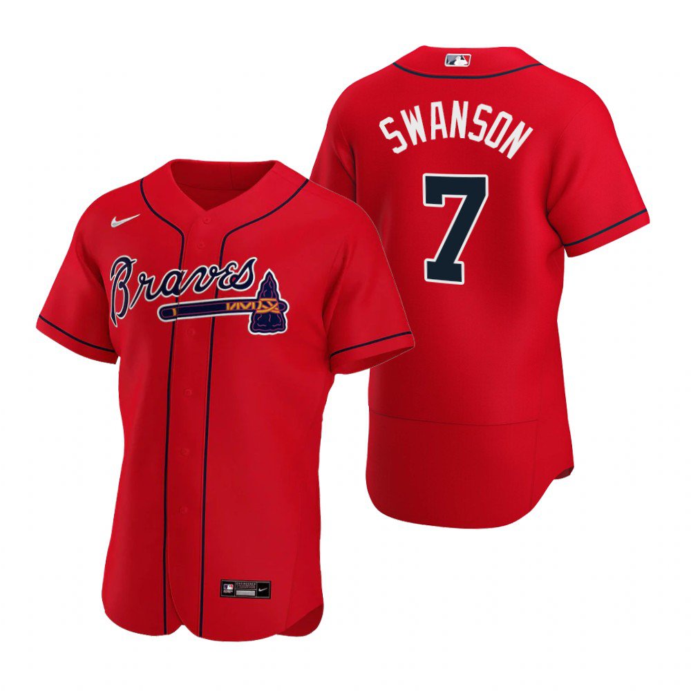 Men & Youth Kids #7 Dansby Swanson Atlanta Braves Flex Base Red Alternate Jersey
