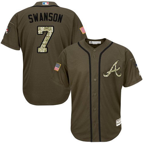 Men & Youth #7 Dansby Swanson Atlanta Braves Cool Base Salute to Service Olive Jersey