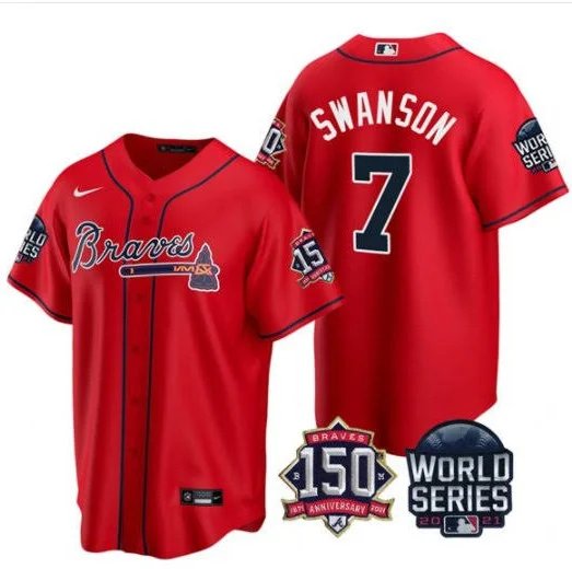 Men & Youth #7 Dansby Swanson Atlanta Braves 150th Anniversary 2021 World Series Red Jersey