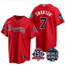 Men & Youth #7 Dansby Swanson Atlanta Braves 150th Anniversary 2021 World Series Red Jersey