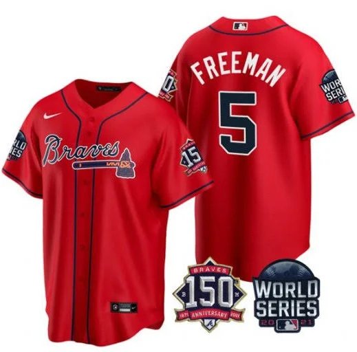 Men & Youth #5 Freddie Freeman Atlanta Braves 150th Anniversary 2021 World Series Red Jersey