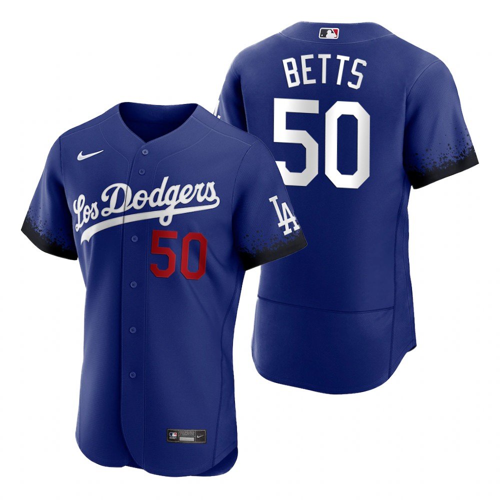 Men & Youth Kids #50 Mookie Betts Los Angeles Dodgers 2021 City Connect Flex Base Blue Jersey
