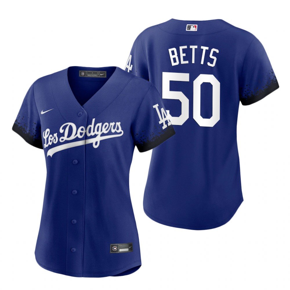 Women's #50 Mookie Betts Los Angeles Dodgers 2021 City Connect Cool Base Blue Jersey