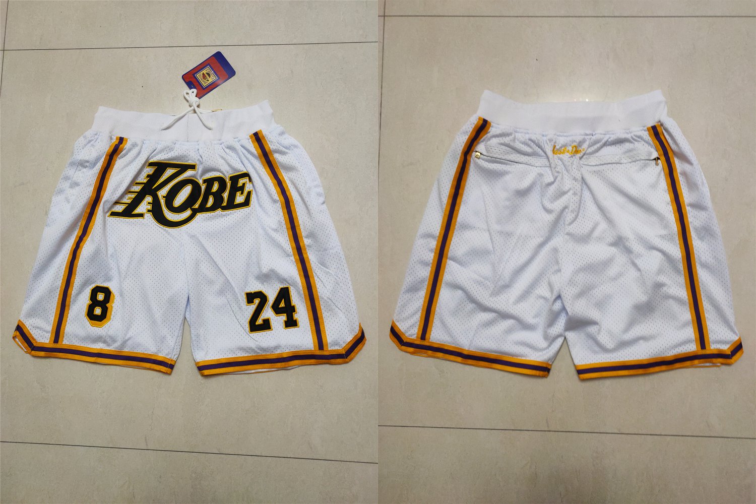 Men's Los Angeles Lakers #8 & 24 Kobe Bryant White Stitched Pocket Zipper Shorts