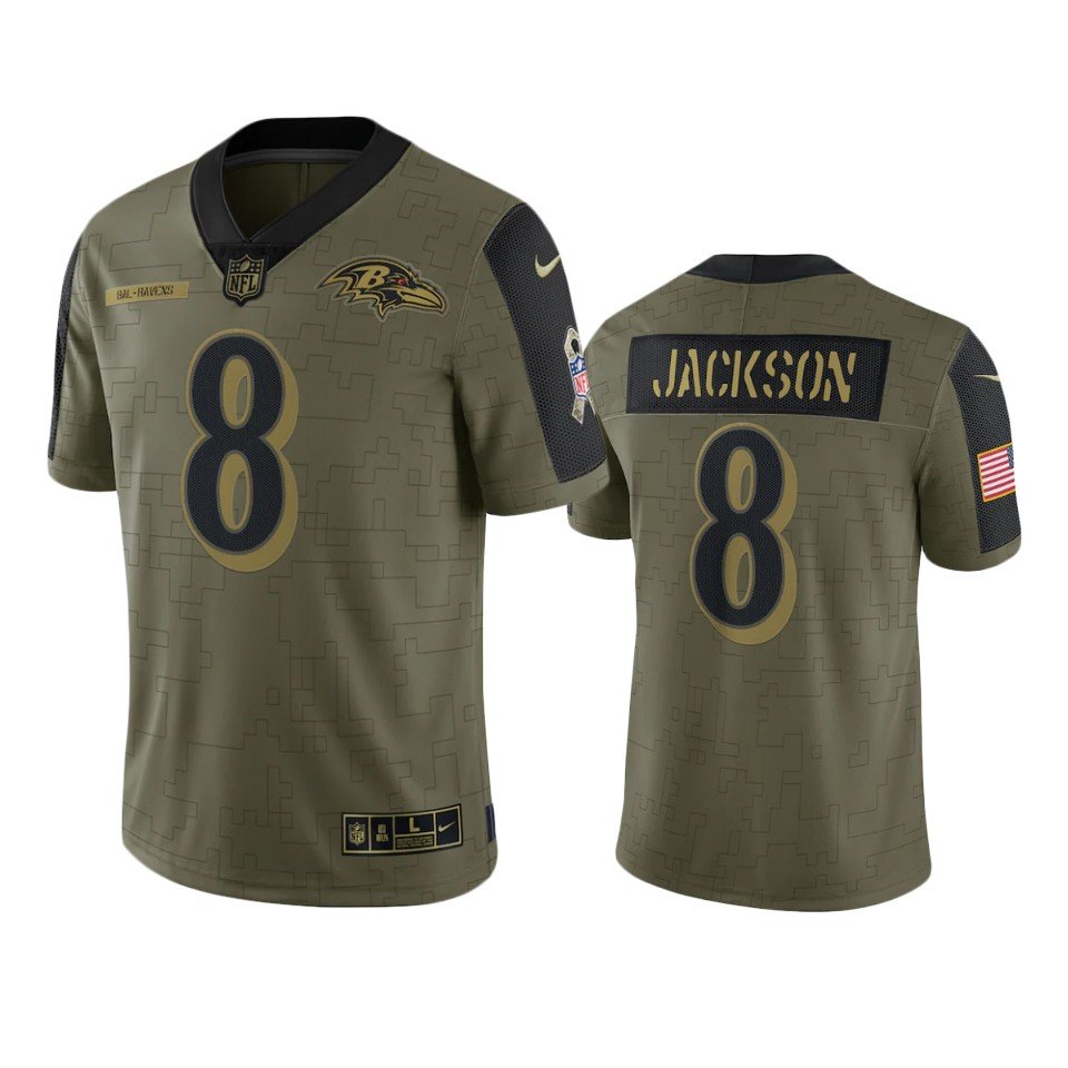Men & Youth #8 Lamar Jackson Baltimore Ravens 2021 Salute to Service Limited Olive Green Jersey