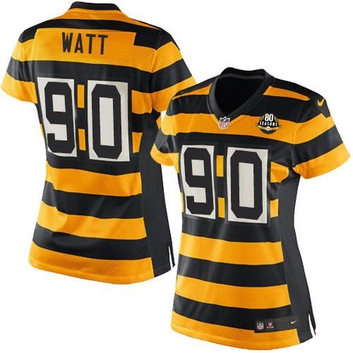 Women's #90 T.J. Watt Steelers Bumblebee 80th Anniversary Color Rush Limited Yellow Stripe Jersey
