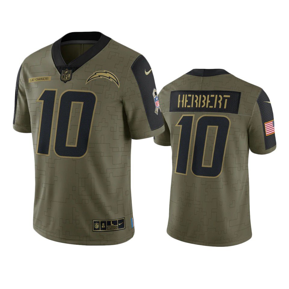 Men & Youth Kids #10 Justin Herbert Los Angeles Chargers Salute to Service Limited Olive Jersey