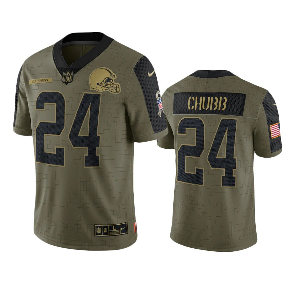 Men & Youth Kids #24 Nick Chubb Cleveland Browns Salute to Service Limited Olive Green Jersey