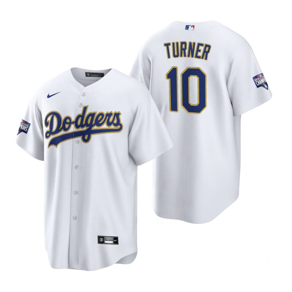Men & Youth Kids #10 Justin Turner Los Angeles Dodgers White Gold 2021 Gold Program Cool Base Jersey