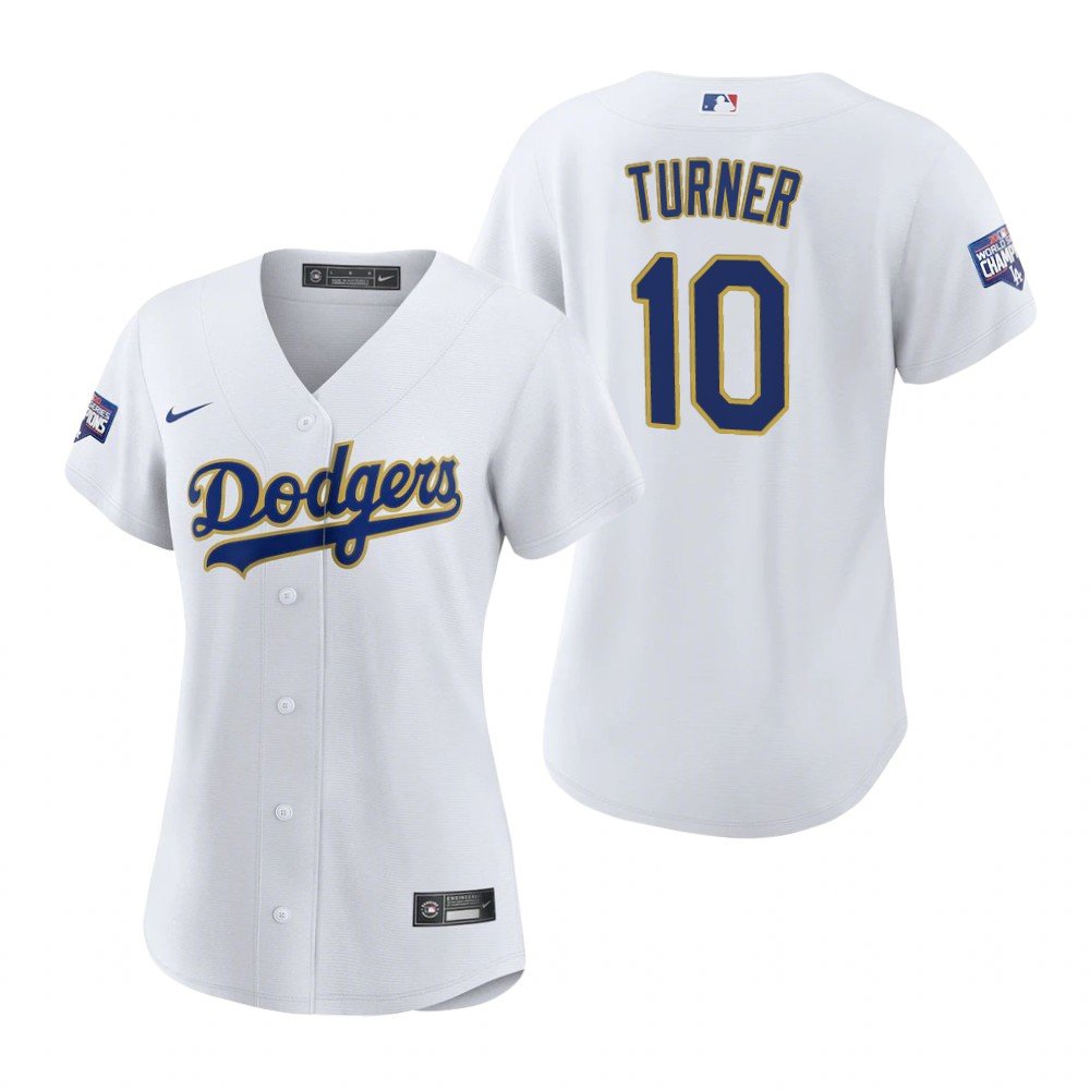 Women's #10 Justin Turner Los Angeles Dodgers White Gold 2021 Gold Program Cool Base Jersey