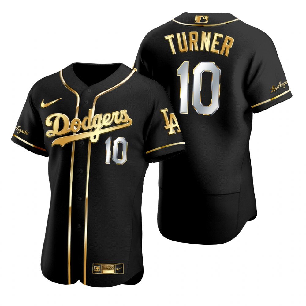 Men & Youth Kids #10 Justin Turner Los Angeles Dodgers Black Golden Edition Jersey