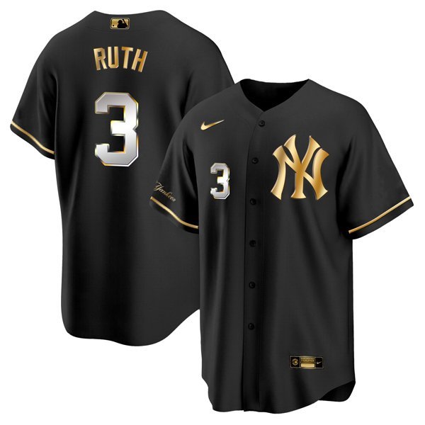 Men & Youth Kids #3 Babe Ruth New York Yankees Cool Base Black Golden Jersey