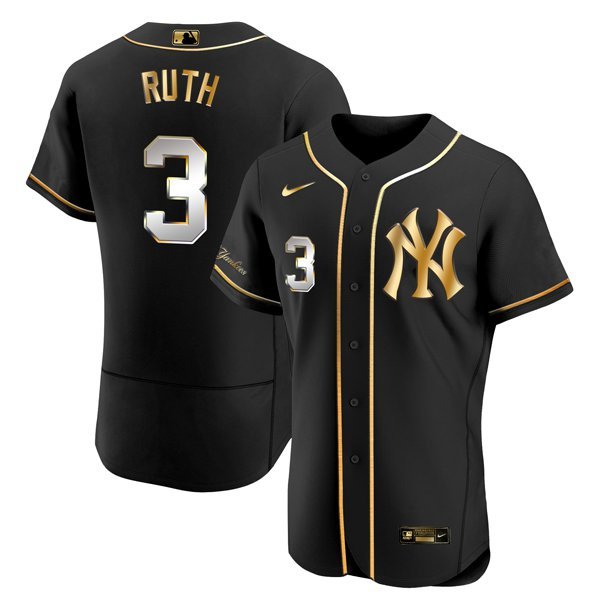 Men & Youth Kids #3 Babe Ruth New York Yankees Flex Base Black Golden Jersey