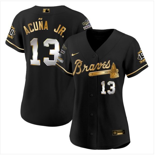 Women's #13 Ronald Acuna Jr. Atlanta Braves Black Golden Edition Jersey