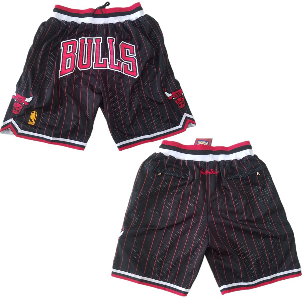 Men&acirc;��s Chicago Bulls Red Black Pinstripe Stitched Basketball Zipper Pockets Shorts